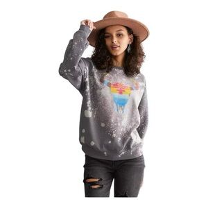 Buckle Gray Splatter Buffalo Cowgirl Boho Crew Oversize Western Party Sweater